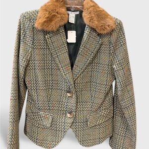 CAbi Multicolor Tweed Blazer with Fox Fur Collar